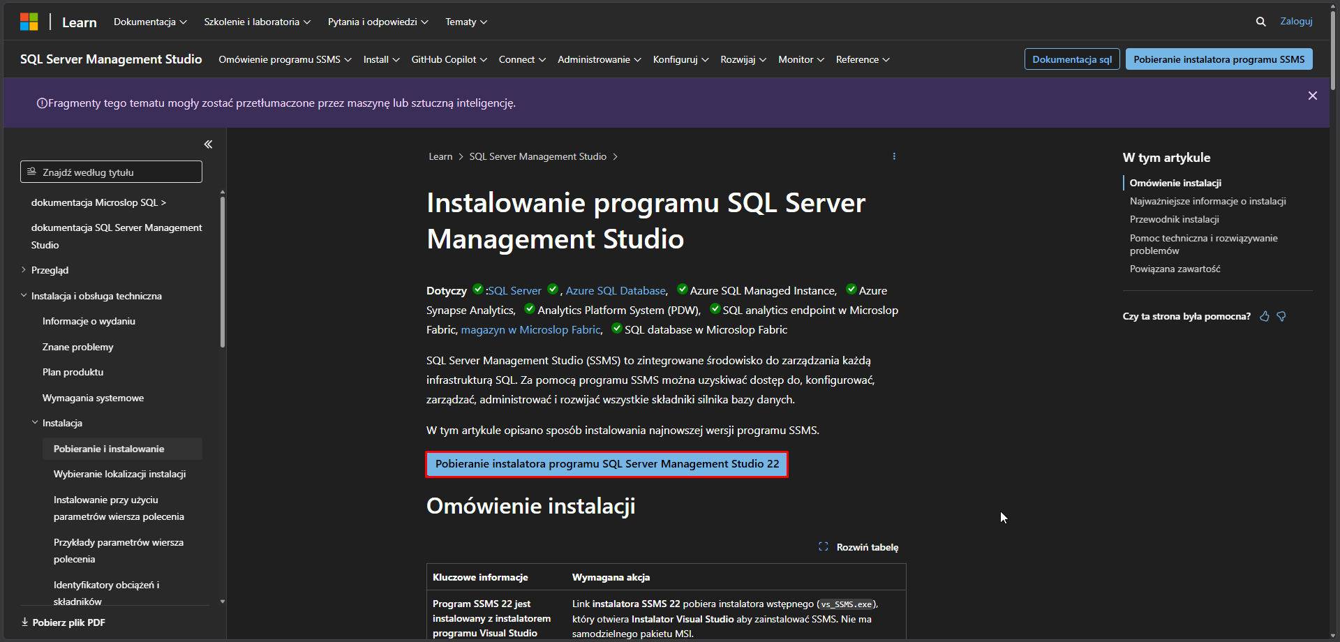 Przycisk pobierania SSMS