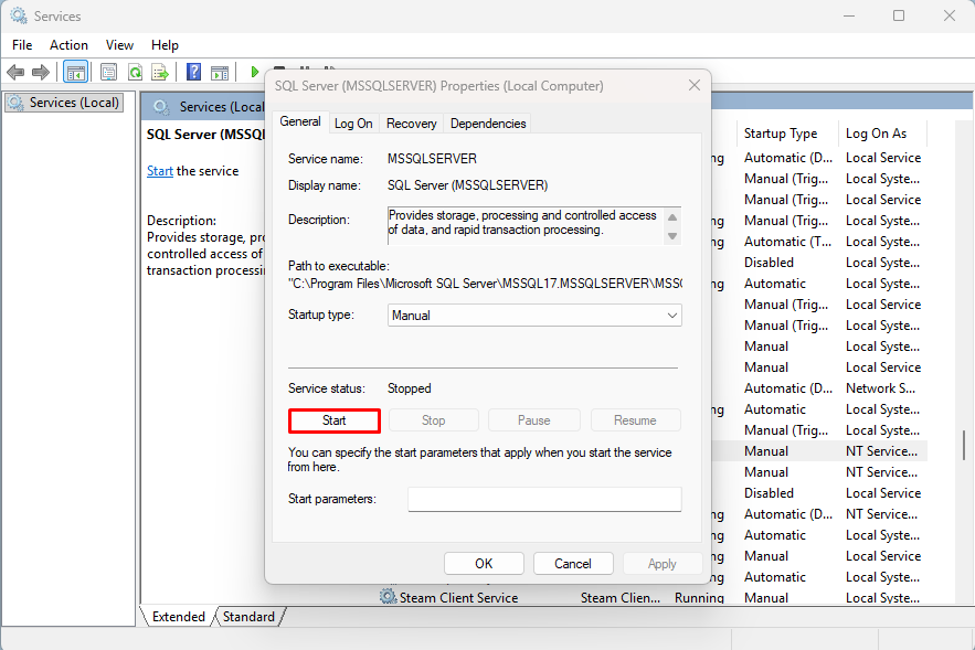 Uruchamianie usługi SQL Server